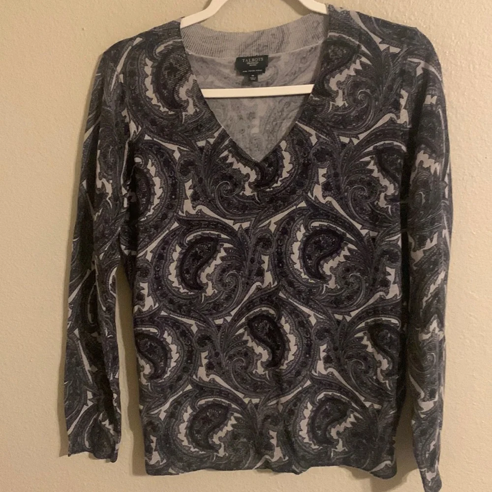 Talbots gray paisley merino wool sweater MP - Picture 1 of 4